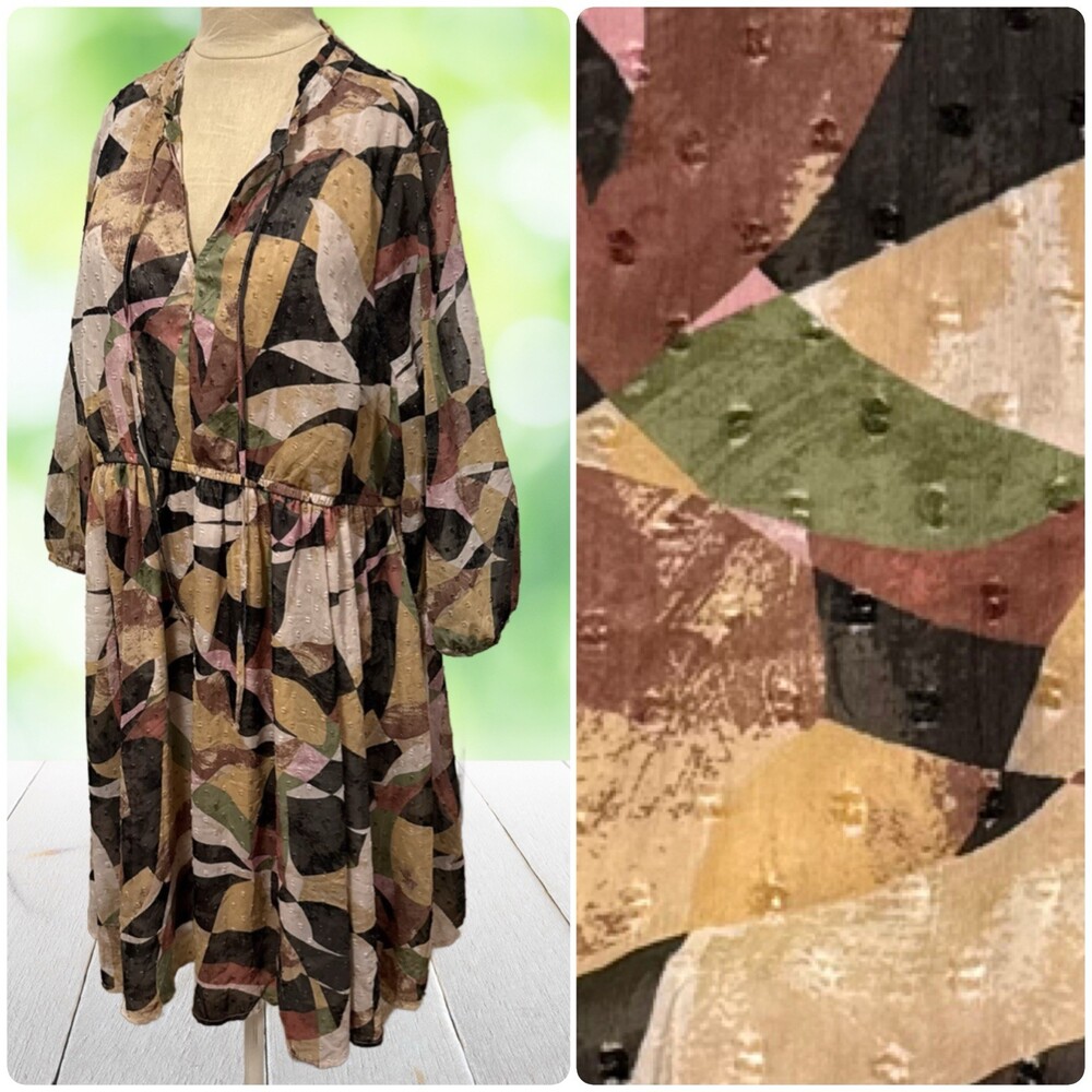 TORRID Balloon Sleeve Dress Knee Length Abstract Print Swiss Dot Chiffon Plus 2X